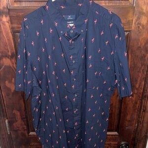 George Navy Button-Down Shirt with Pink Flamingo Print